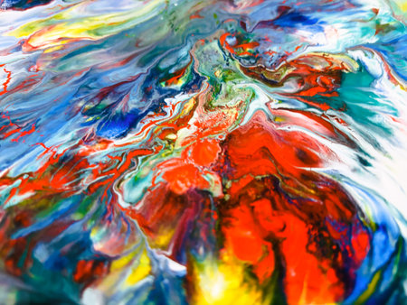 Close Up Colorful Fluid Pouring Abstract Art Acrylic Painting Texture Backgroundの写真素材