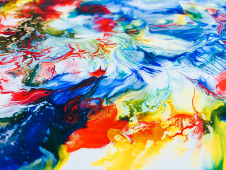 Close Up Colorful Fluid Pouring Abstract Art Acrylic Painting Texture Backgroundの写真素材