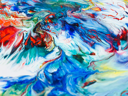 Close Up Colorful Fluid Pouring Abstract Art Acrylic Painting Texture Backgroundの写真素材