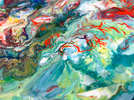 Close Up Colorful Fluid Pouring Abstract Art Acrylic Painting Texture Backgroundの写真素材
