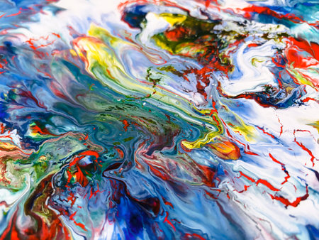 Close Up Colorful Fluid Pouring Abstract Art Acrylic Painting Texture Backgroundの写真素材