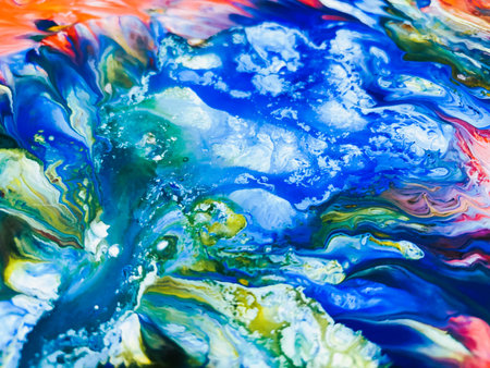 Close Up Colorful Fluid Pouring Abstract Art Acrylic Painting Texture Backgroundの写真素材