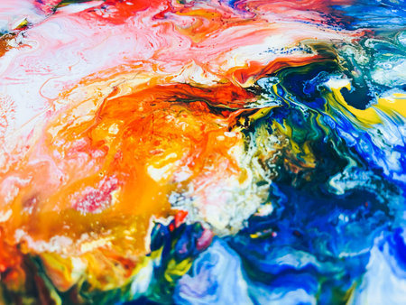 Close Up Colorful Fluid Pouring Abstract Art Acrylic Painting Texture Backgroundの写真素材