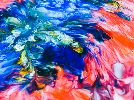 Close Up Colorful Fluid Pouring Abstract Art Acrylic Painting Texture Backgroundの写真素材