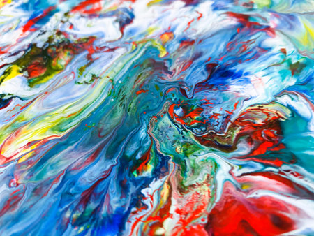 Close Up Colorful Fluid Pouring Abstract Art Acrylic Painting Texture Backgroundの写真素材