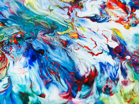 Close Up Colorful Fluid Pouring Abstract Art Acrylic Painting Texture Backgroundの写真素材
