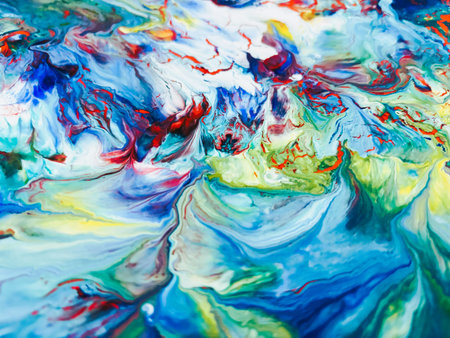 Close Up Colorful Fluid Pouring Abstract Art Acrylic Painting Texture Backgroundの写真素材
