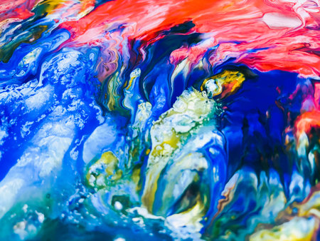 Close Up Colorful Fluid Pouring Abstract Art Acrylic Painting Texture Backgroundの写真素材