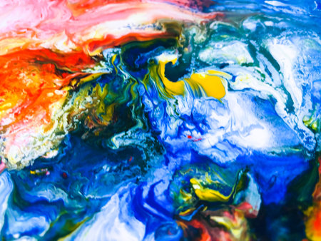 Close Up Colorful Fluid Pouring Abstract Art Acrylic Painting Texture Backgroundの写真素材