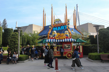 OSAKA, JAPAN-APR 12, 2016: Photo of "HAPPY MINION MART" shop, selling Minion Goods, located in Universal Studios JAPAN in Osaka, Japan. Minions are famous character from Despicable Me animation.のeditorial素材