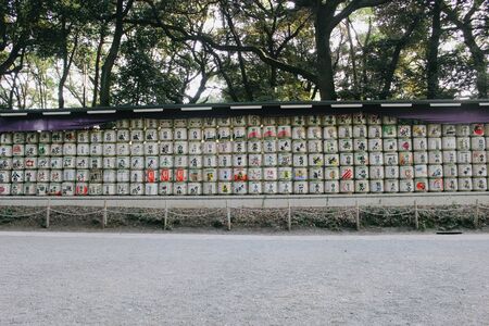 Harajuku, Tokyo, Japan - November 07, 2016 - Barrels of Sake (Nihonshu) in Meiji Jingu park, entrance to Meiji Shrine (Meiji Jingu).のeditorial素材