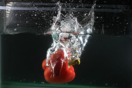 Red sweet pepper dropped into water and created a water splashの写真素材