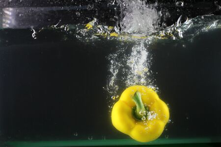 Yellow sweet pepper dropped into water and created a water splashの写真素材