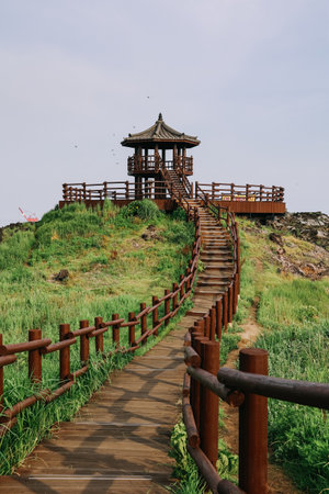 Beautiful scenery of pavilion at Dakmeor Coast, Jocheon-eup, Jeju-si, South Korea.の写真素材