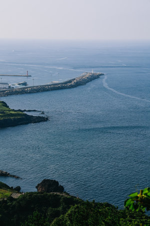 View from Seongsan Ilchulbong mountain in Jeju Island, South Korea.の写真素材