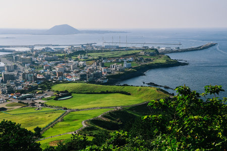 View from Seongsan Ilchulbong mountain in Jeju Island, South Korea.の写真素材