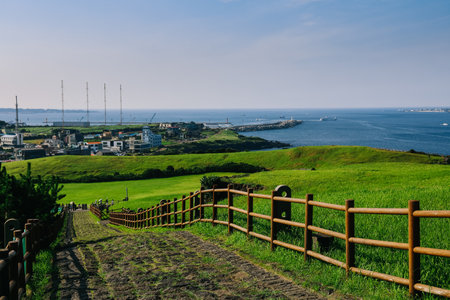 View from Seongsan Ilchulbong mountain in Jeju Island, South Korea.の写真素材