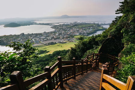 Stairs to climb Seongsan mountain in Jeju Island, South Korea.の写真素材
