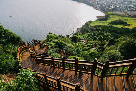 Stairs to climb Seongsan mountain in Jeju Island, South Korea.の写真素材