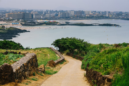 Scenic view of hamdeok beach in Jeju Island, South Korea.の写真素材