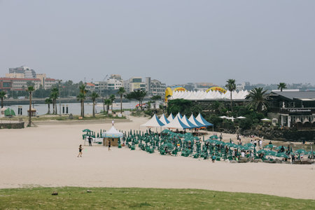 Jeju Island, South Korea - July 10, 2022: The lined parasols on Hamdeok Beach, Jeju Island.のeditorial素材