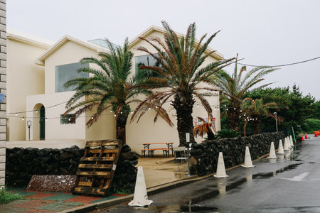 Jeju, South Korea - July 11, 2022: Overview of the cafe street in Aewol, Jeju.のeditorial素材