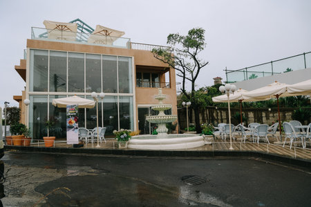 Jeju, South Korea - July 11, 2022: Overview of the cafe street in Aewol, Jeju.のeditorial素材