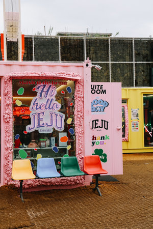 Jeju, South Korea - July 11, 2022: Overview of the cafe street in Aewol, Jeju.のeditorial素材