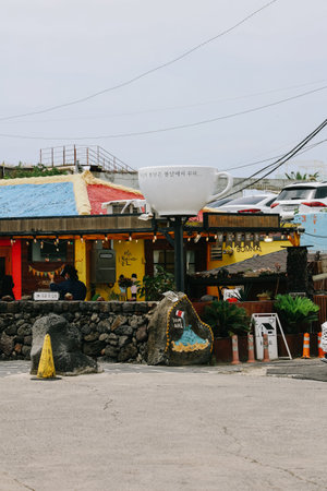 Jeju, South Korea - July 11, 2022: Overview of the cafe street in Aewol, Jeju.のeditorial素材