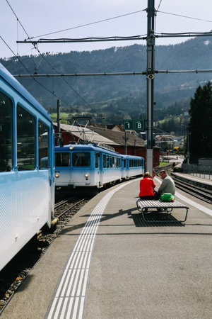 Schwyz, Switzerland - April 12, 2022: Electric cable tram of Rigi kulm line is standard-gauge rack railway connecting the town of Arth with the summit of Mt. Rigi.のeditorial素材