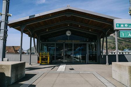 Schwyz, Switzerland - April 12, 2022: Arth-Goldau RB railway station is a railway station in the municipality of Arth. It is the terminus of the standard gauge ArthâRigi line of Rigi Railways.のeditorial素材