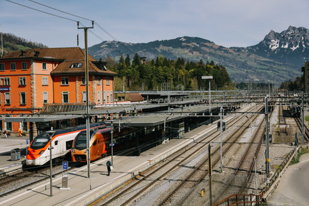 Schwyz, Switzerland - April 12, 2022: Arth-Goldau railway station is a railway station in Arth. The station is located in the centre of the village of Goldau.のeditorial素材