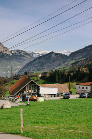 Beautiful nature view beside the railway seen from Rigi bahn cogwheel train on the way from Arth town to Rigi Kulm in Switzerland.の写真素材