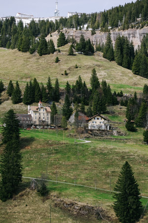Beautiful nature view beside the railway seen from Rigi bahn cogwheel train on the way from Arth town to Rigi Kulm in Switzerland.の写真素材