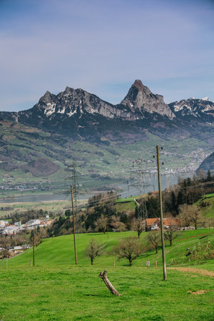 Beautiful nature view beside the railway seen from Rigi bahn cogwheel train on the way from Arth town to Rigi Kulm in Switzerland.の写真素材