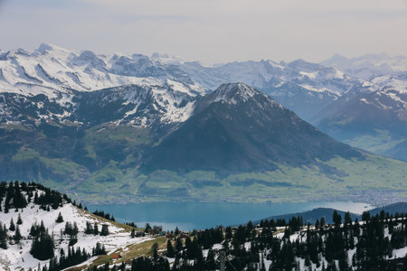 Beautiful view of alps mountain from Rigi Kulm, Switzerland on calm sunny day.
