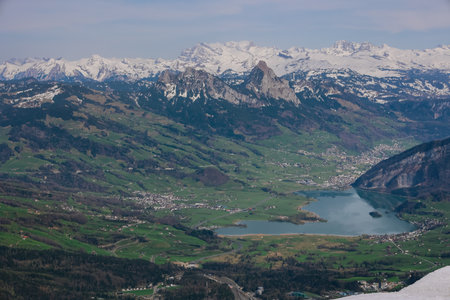 Landscape over Lake Zug and Swiss Alps from Rigi-Kulm viewpoint summit of Mount Rigi.の写真素材