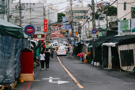 Jeju Island, South Korea - July 11, 2022: Street view of Jeju city in the evening, summer season.のeditorial素材