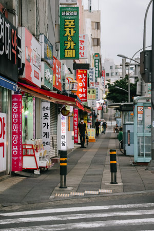 Jeju Island, South Korea - July 11, 2022: Street view of Jeju city in the evening, summer season.のeditorial素材