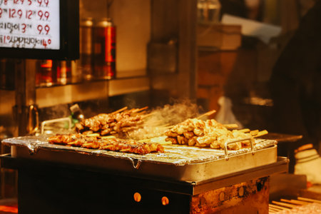 Jeju Island, South Korea - July 11, 2022: Korean street food at Dongmun night market, the famous street food area were crowd with many tourist from around the world.のeditorial素材