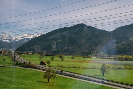 Beautiful nature view beside the way seen from bus in Canton Schwyz, Switzerland.の写真素材