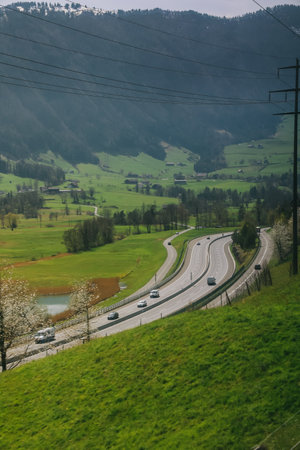 Beautiful nature view beside the way seen from bus in Canton Schwyz, Switzerland.の写真素材