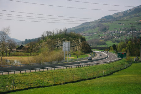 Beautiful nature view beside the way seen from bus in Canton Schwyz, Switzerland.の写真素材