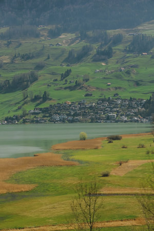 Beautiful nature view beside the way seen from bus in Canton Schwyz, Switzerland.の写真素材