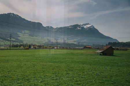 Beautiful nature view beside the way seen from bus in Canton Schwyz, Switzerland.の写真素材