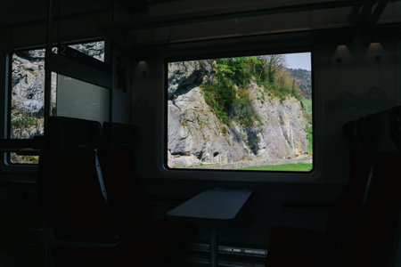 Wonderful view of Switzerland in spring from the window of train. Soft and blur focus.の写真素材