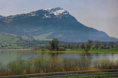 Beautiful nature view beside the way seen from bus in Canton Schwyz, Switzerland.の写真素材