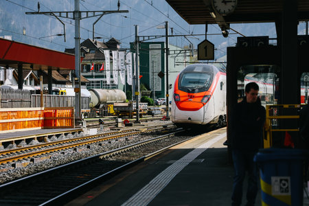 Schwyz, Switzerland - April 12, 2022: Train is coming to platform at Schwyz station.のeditorial素材