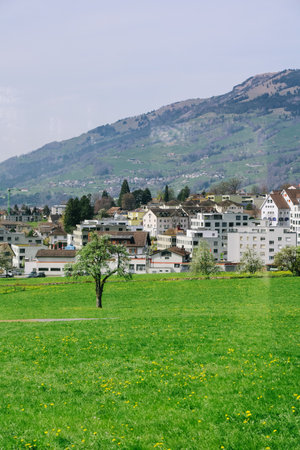 Scenic mountain village surrounded by the mountain, Canton Schwyz, Switzerland, Europe.のeditorial素材