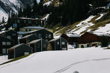 Stoos, Switzerland - April 12, 2022: Mountain village Stoos in Switzerland, in winter.のeditorial素材